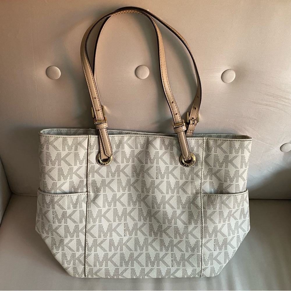 Michael Kors | Cream Jet Set Signature Monogram Leather Tote Shoulder Bag
